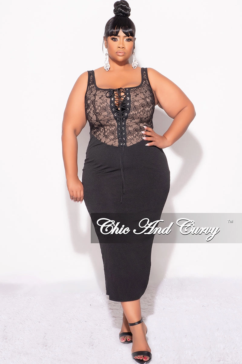 Final Sale Plus Size Lace Up BodyCon Dress in Brown and Black Four Way Stretch
