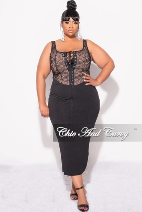 Final Sale Plus Size Lace Up BodyCon Dress in Brown and Black Four Way Stretch