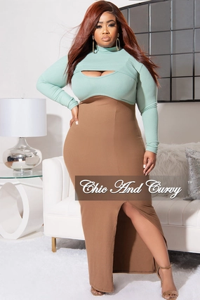 AntiSlipGrip Anti Friction Lining Final Sale Plus Size 2pc Knit Rib Spaghetti Strap BodyCon Dress with Pull Over Top and Front Slit in Brown and Teal