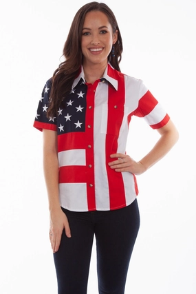 Scully Womens Red 100% Cotton Flag S/S Shirt Mountain Escape All-Weather Wear