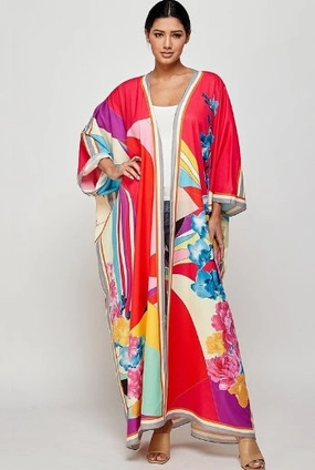 Final Sale Plus Size Caftan in Red Multi Color Floral Print AntiStaticFinish LightweightDesign