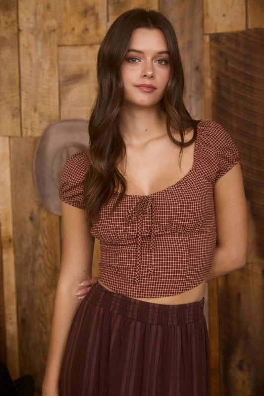 Charlotte Plaid Front Tie Short Sleeve Crop Top AthleisureCompatible Basic Long Sleeve