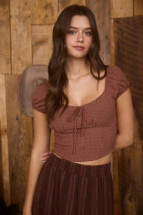 Charlotte Plaid Front Tie Short Sleeve Crop Top ButterySoftTextile