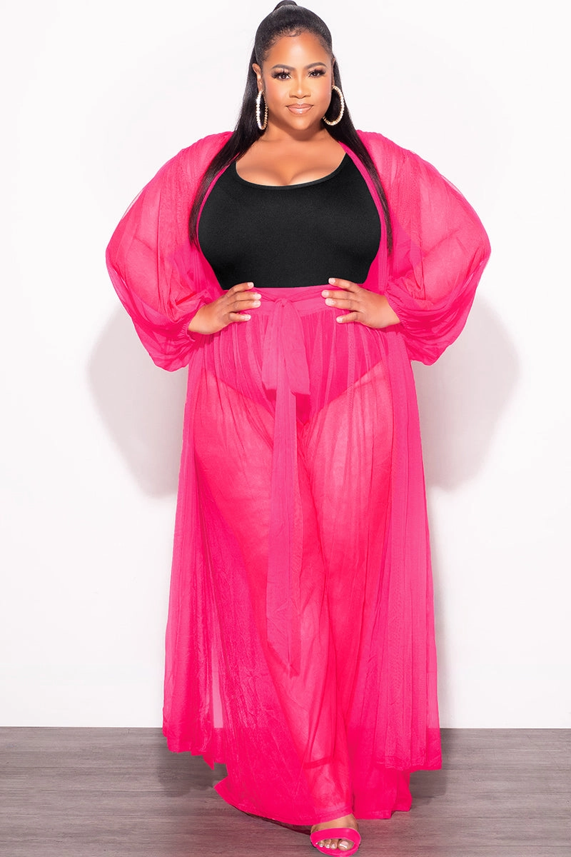 Functional Ease Flattering Style Final Sale Plus Size 2pc Sheer Duster and Pants Set in Fuchsia
