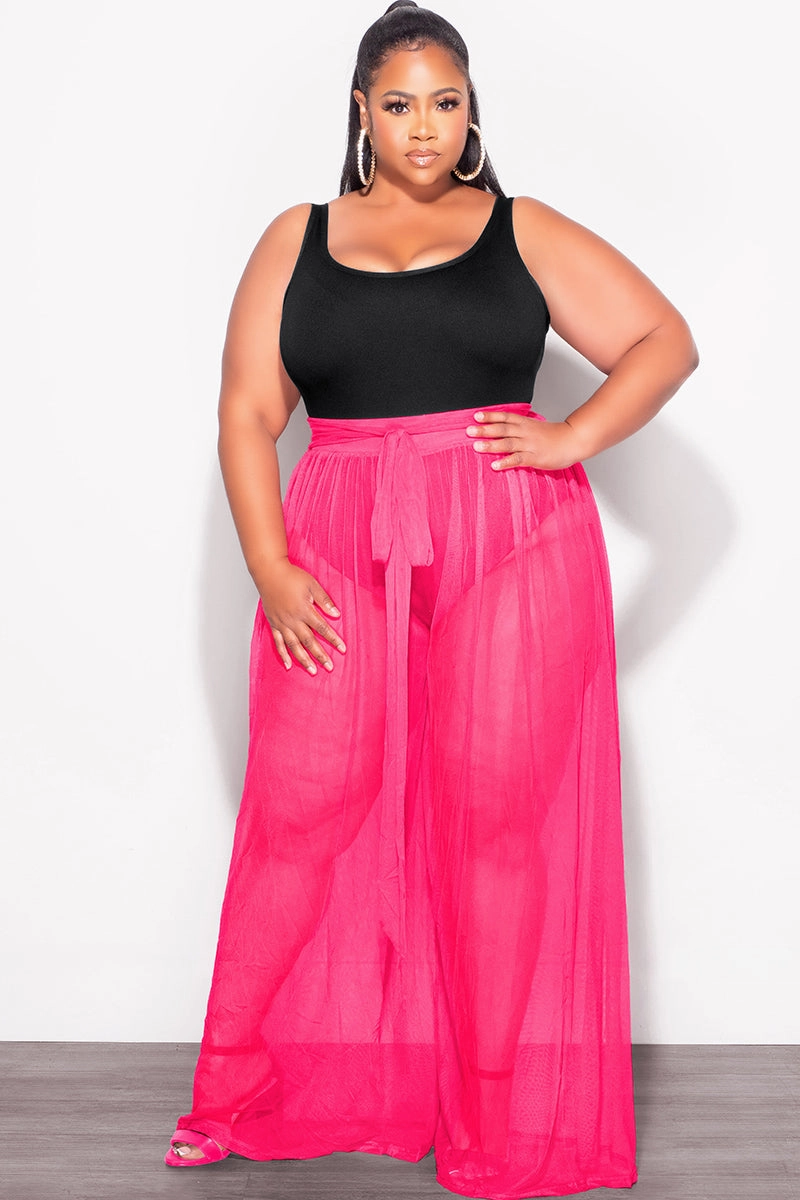 Perfect Movement Final Sale Plus Size 2pc Sheer Duster and Pants Set in Fuchsia