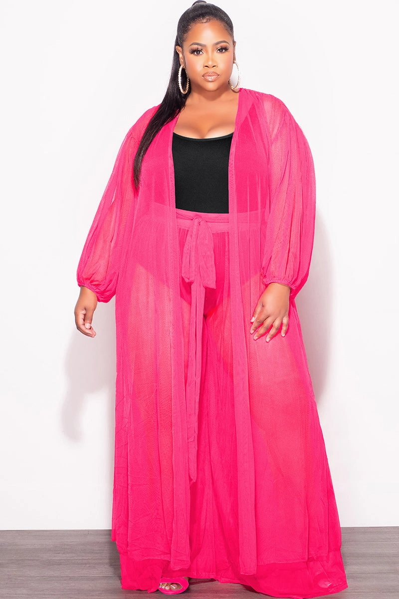 ArticulatedJoints All Day Fit Final Sale Plus Size 2pc Sheer Duster and Pants Set in Fuchsia