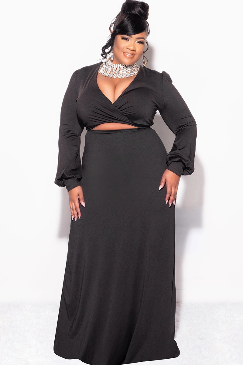 Final Sale Plus Size Faux Wrap Cut Out Maxi Dress in Black Flattering Comfort