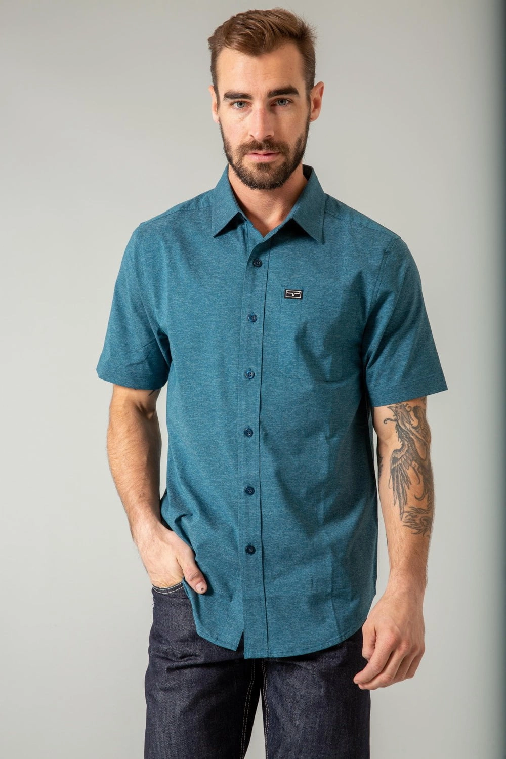 Kimes Ranch Mens Linville Solid Dark Blue Cotton Blend S/S Shirt Solid Hue No Bulk Layering System