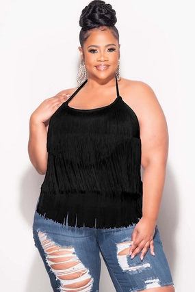 Final Sale Plus Size Halter Fringe Top in Black SecureClosures