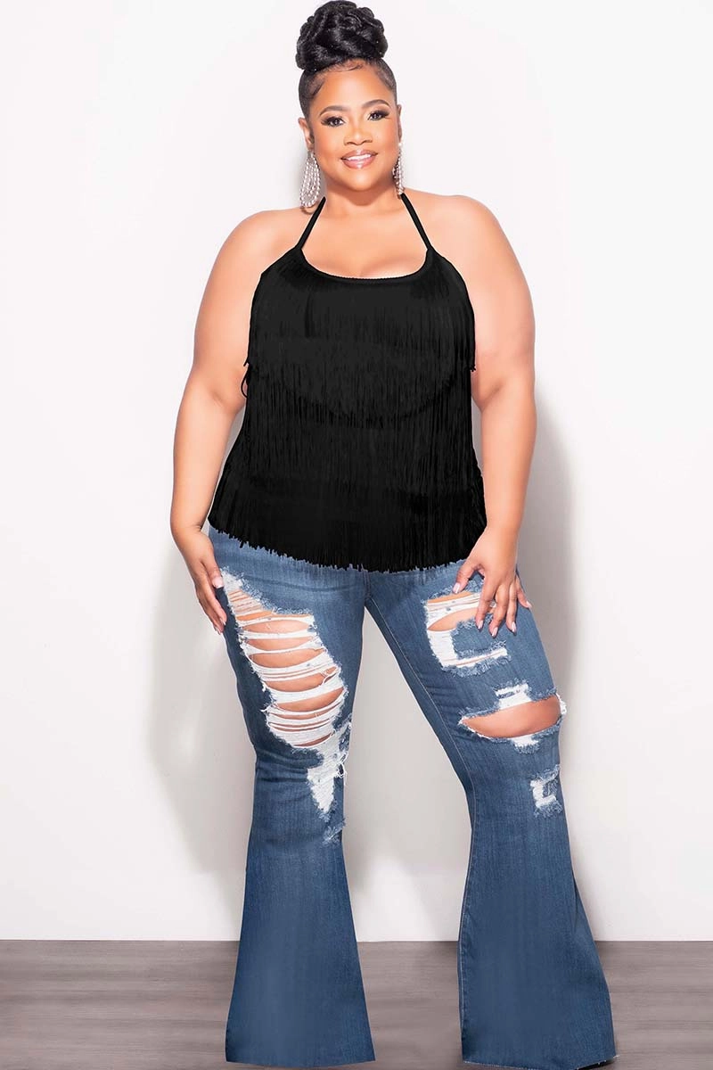Sustainable Material Blend ExtendedSizeRange Final Sale Plus Size Halter Fringe Top in Black
