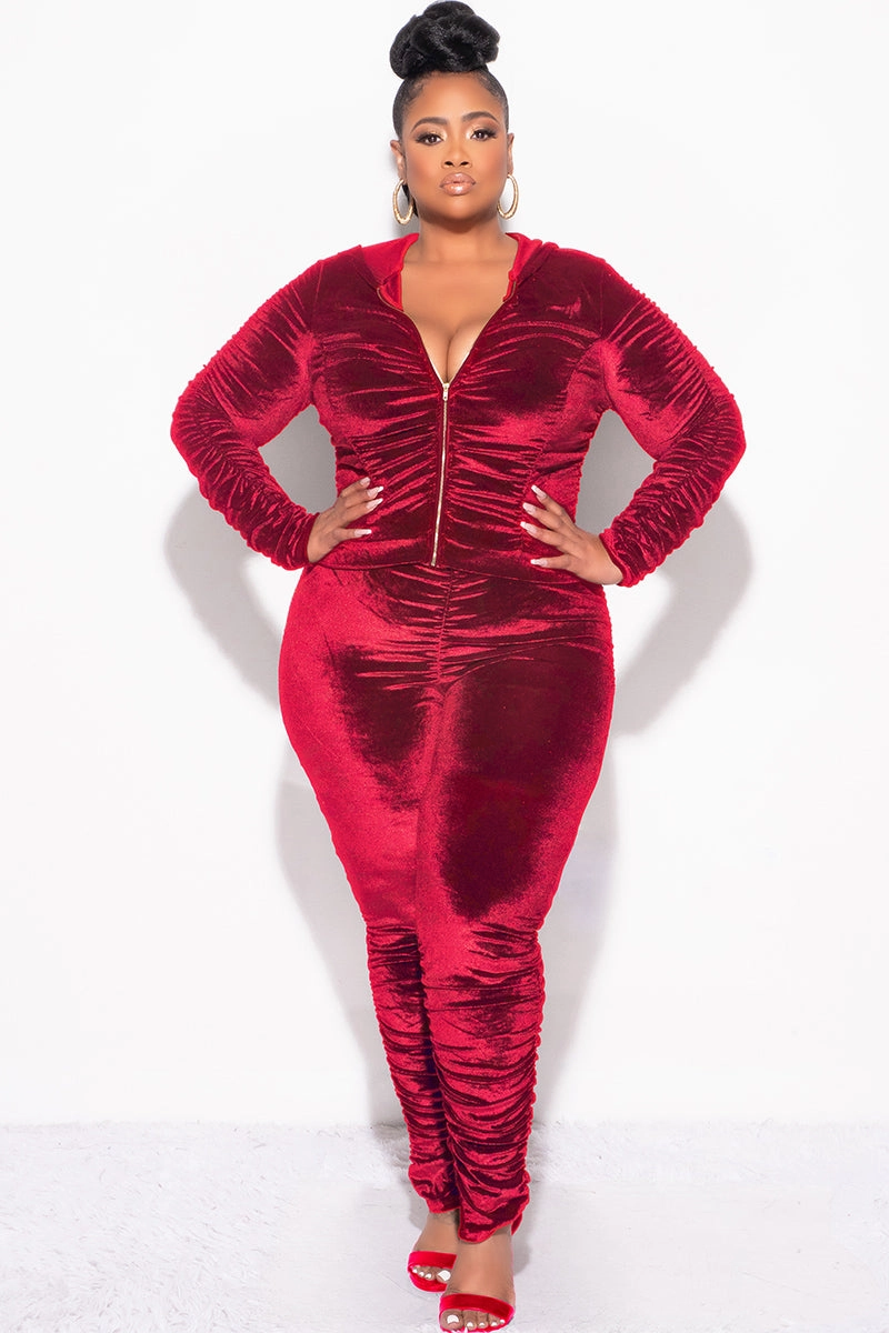 Casual Essentials Soft Stretch Final Sale Plus Size 2pc Ruched Hooded Zip-Up Top and Pants Set in Burgundy Velvet