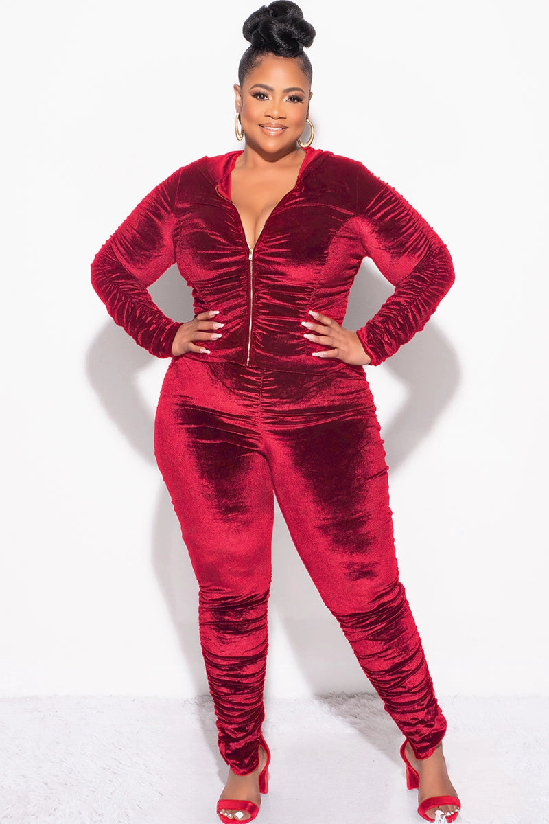 Low Maintenance Final Sale Plus Size 2pc Ruched Hooded Zip-Up Top and Pants Set in Burgundy Velvet