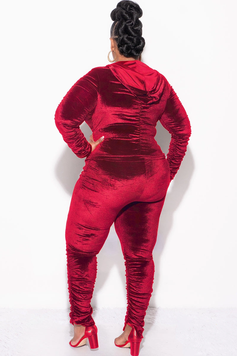 Final Sale Plus Size 2pc Ruched Hooded Zip-Up Top and Pants Set in Burgundy Velvet Comfy Feel