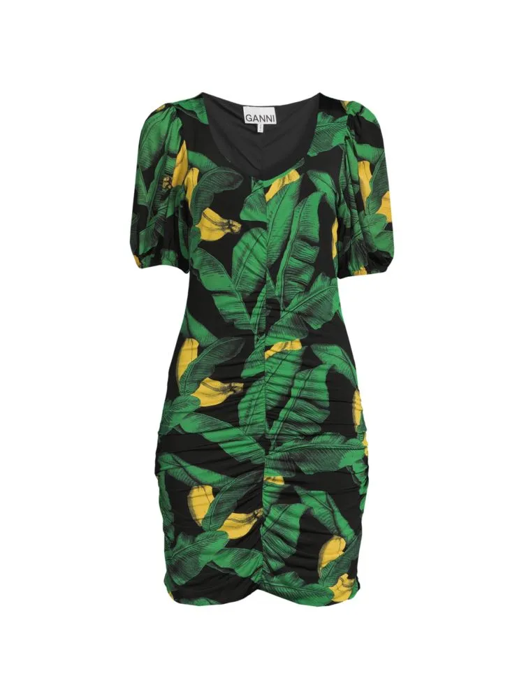 Ganni Leaf Print Bodycon Mini Dress in Black Green