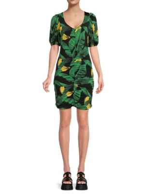Ganni Leaf Print Bodycon Mini Dress in Black Green