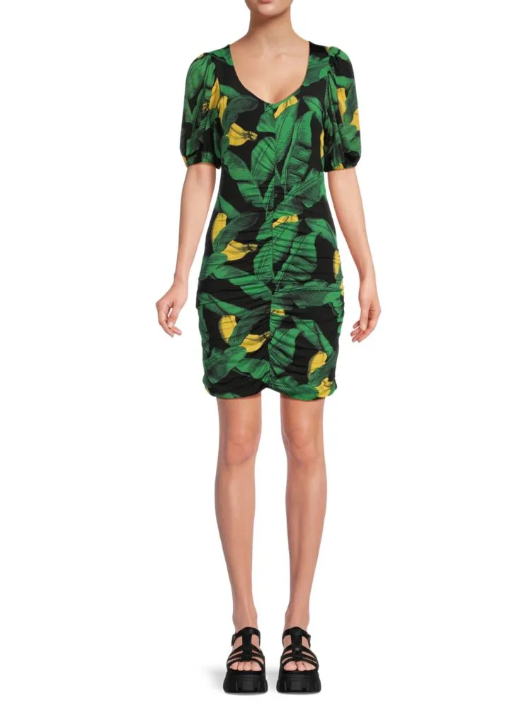Ganni Leaf Print Bodycon Mini Dress in Black Green
