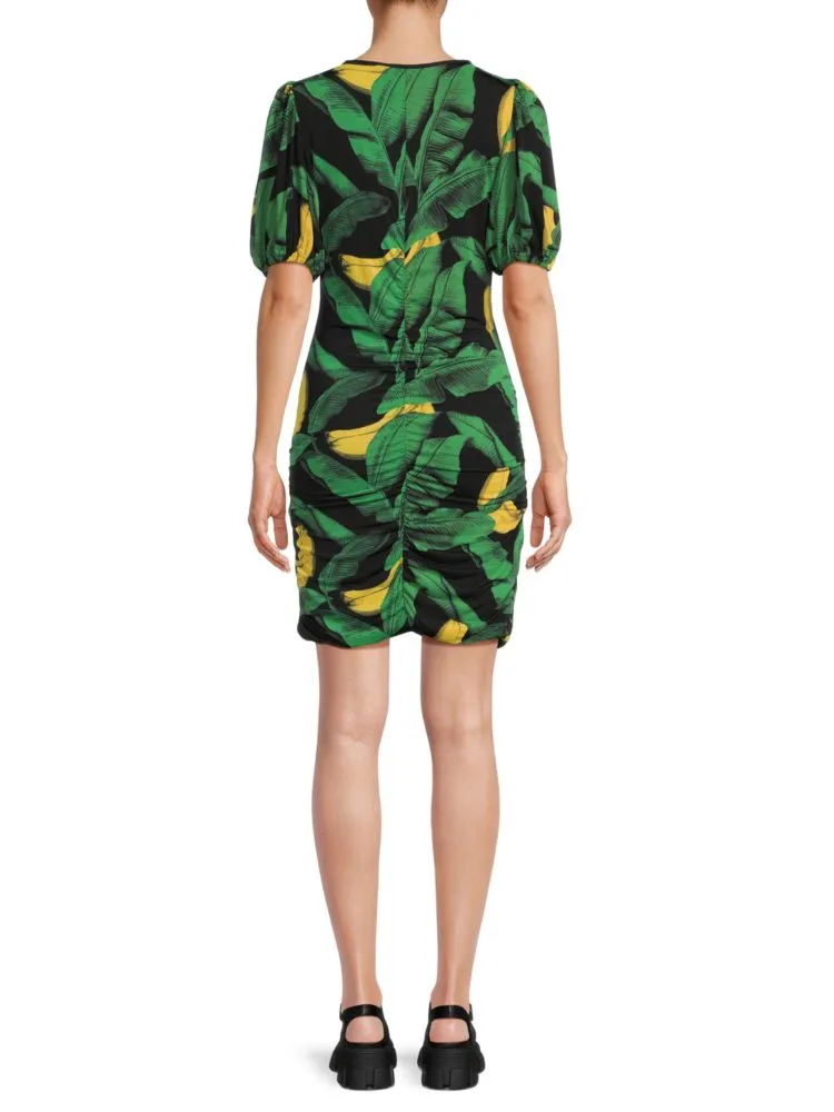 Ganni Leaf Print Bodycon Mini Dress in Black Green