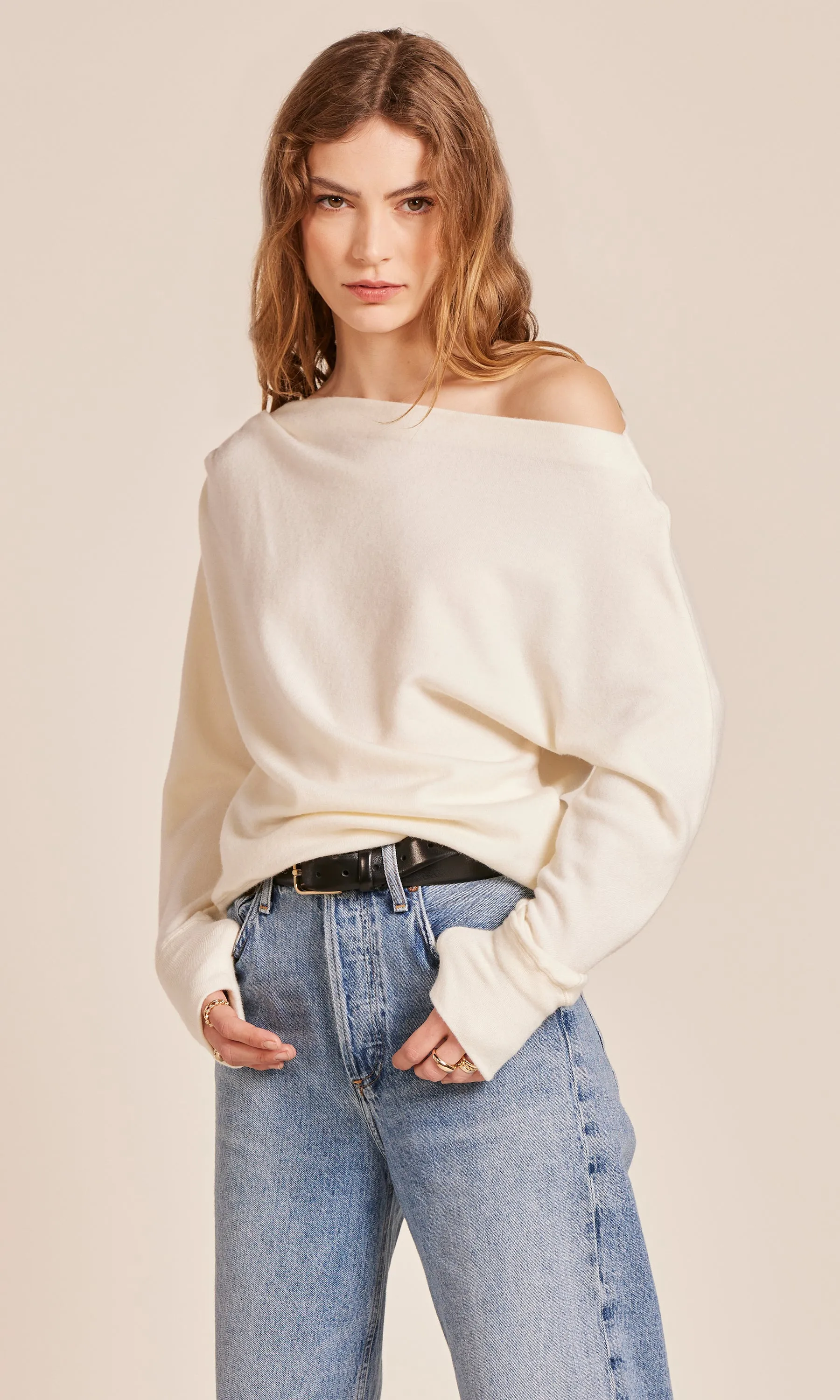 Hooded Knit Variation Drop Sleeve Boat Neck Top