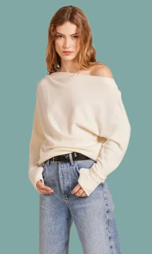 Flexible Knit Construction Drop Sleeve Boat Neck Top