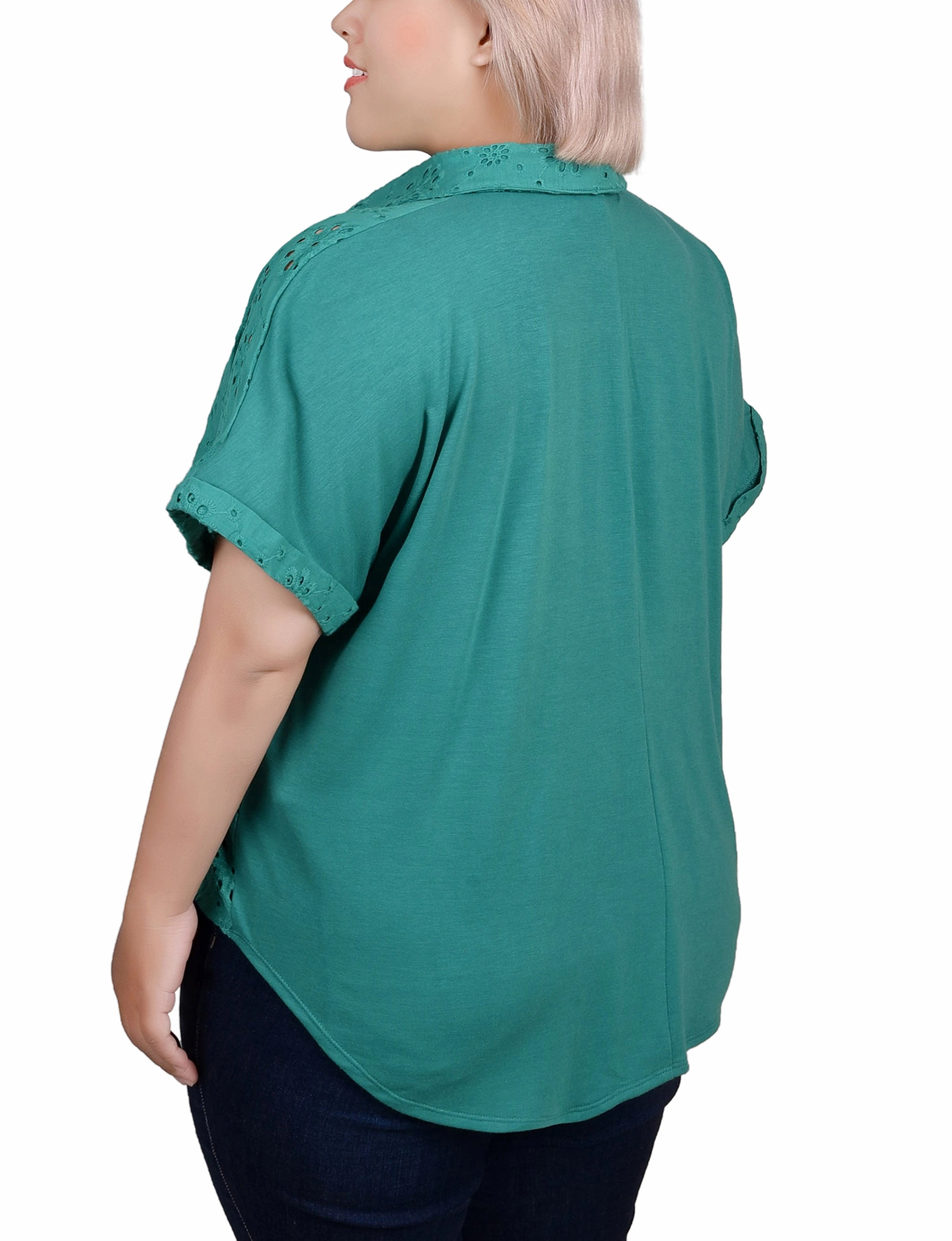 Roll Up Sleeve Design Plus Size Short Sleeve Eyelet/Jersey Blouse