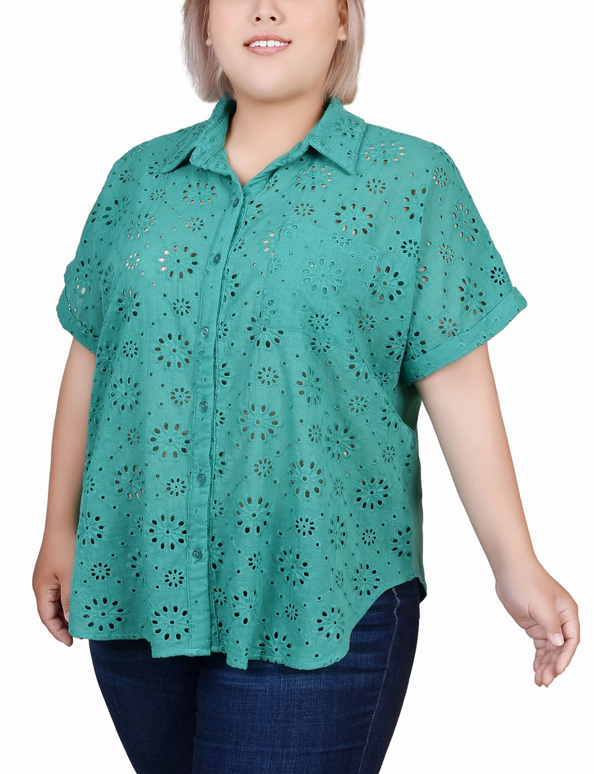 Plus Size Short Sleeve Eyelet/Jersey Blouse AbrasionResistantFabric LayeredCuff