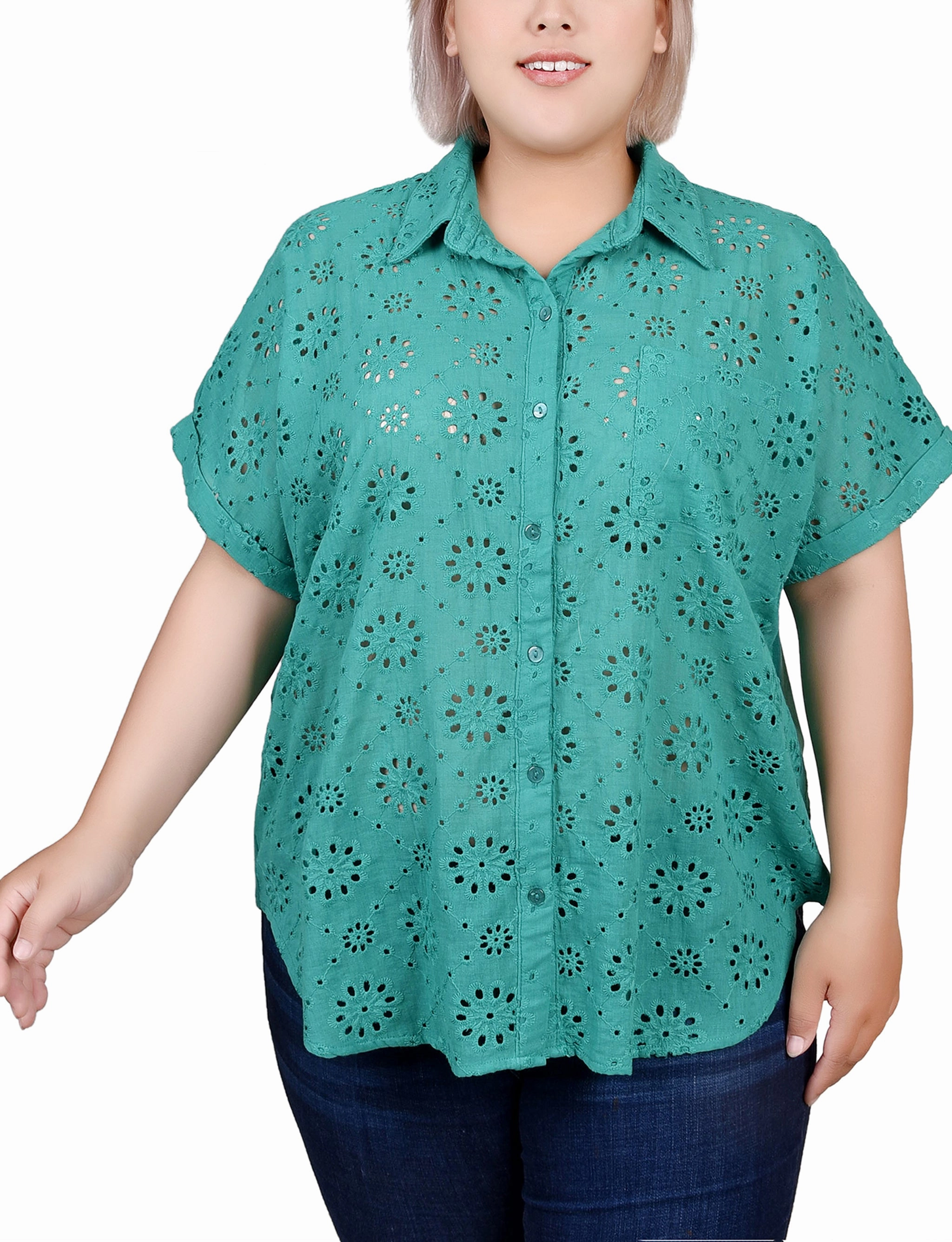 Plus Size Short Sleeve Eyelet/Jersey Blouse Ribbed Hem Finish Athletic Look