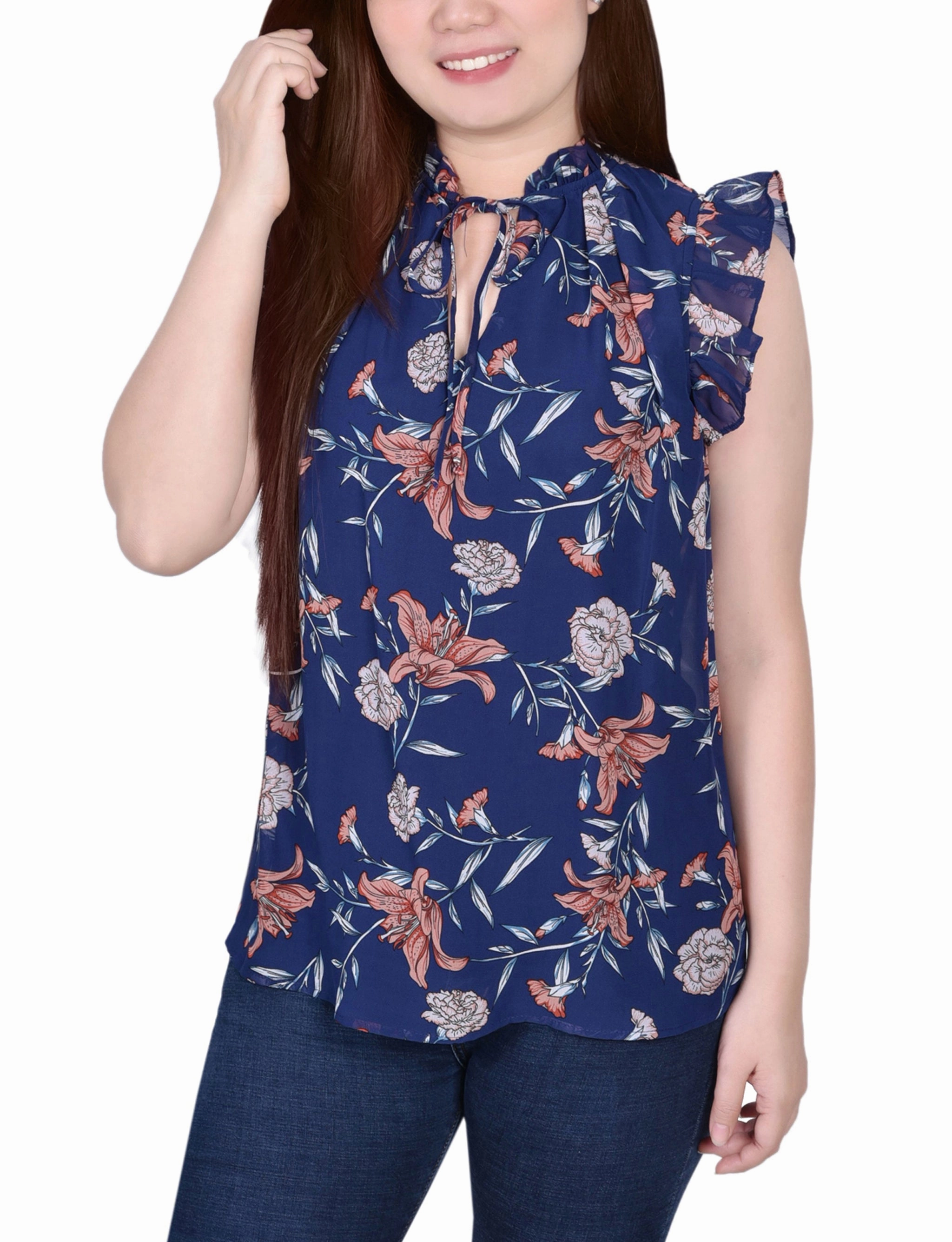 Bold Patterns Petite Ruffled Sleeve Blouse With Tie Closure