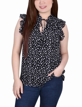 Petite Ruffled Sleeve Blouse With Tie Closure DoubleLayeredFabric BondedShoulder