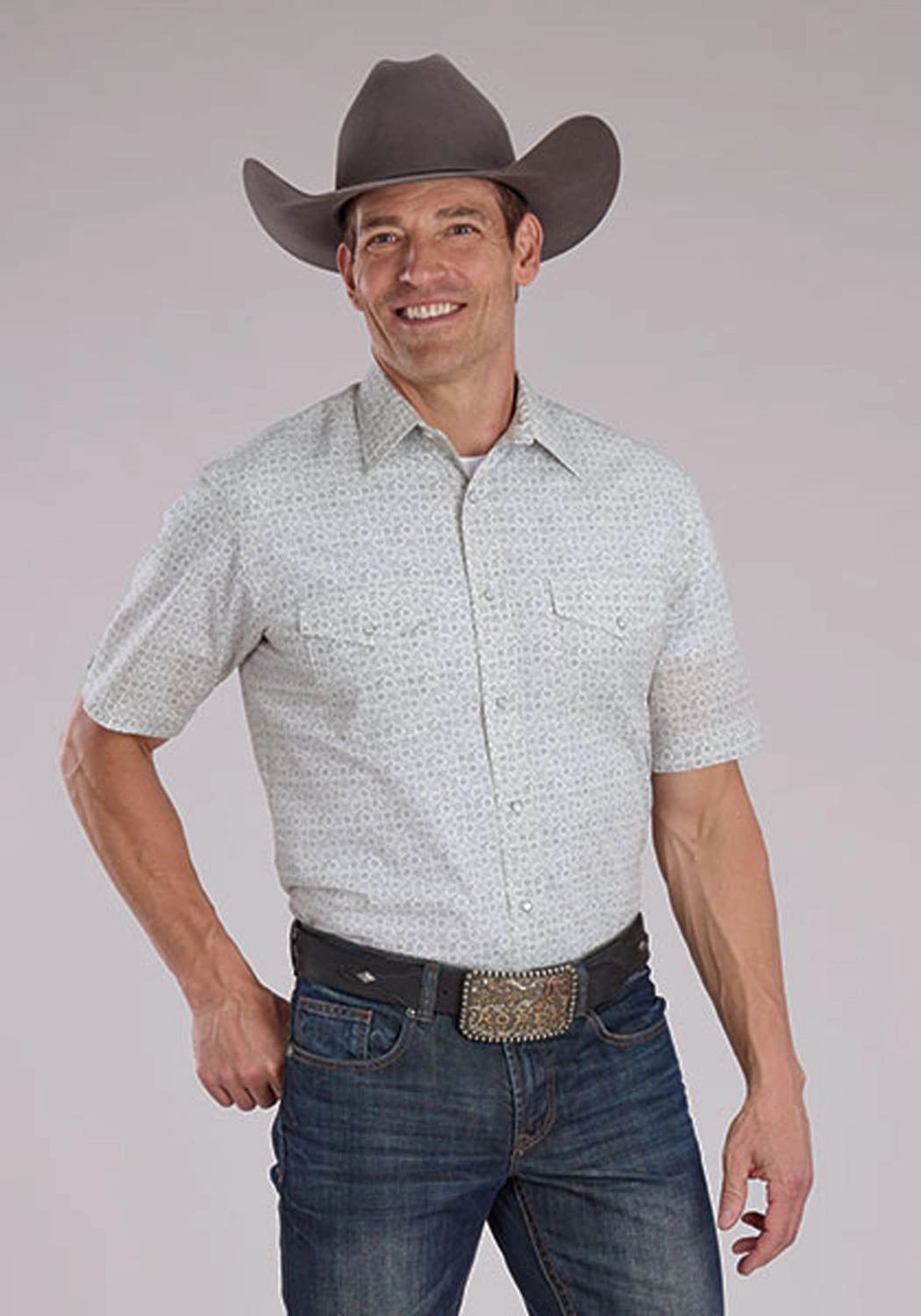 Roper Mens 2481 Floral Print Grey/White Cotton Blend S/S Shirt EasyCare Fabric Quick Release Cuffs