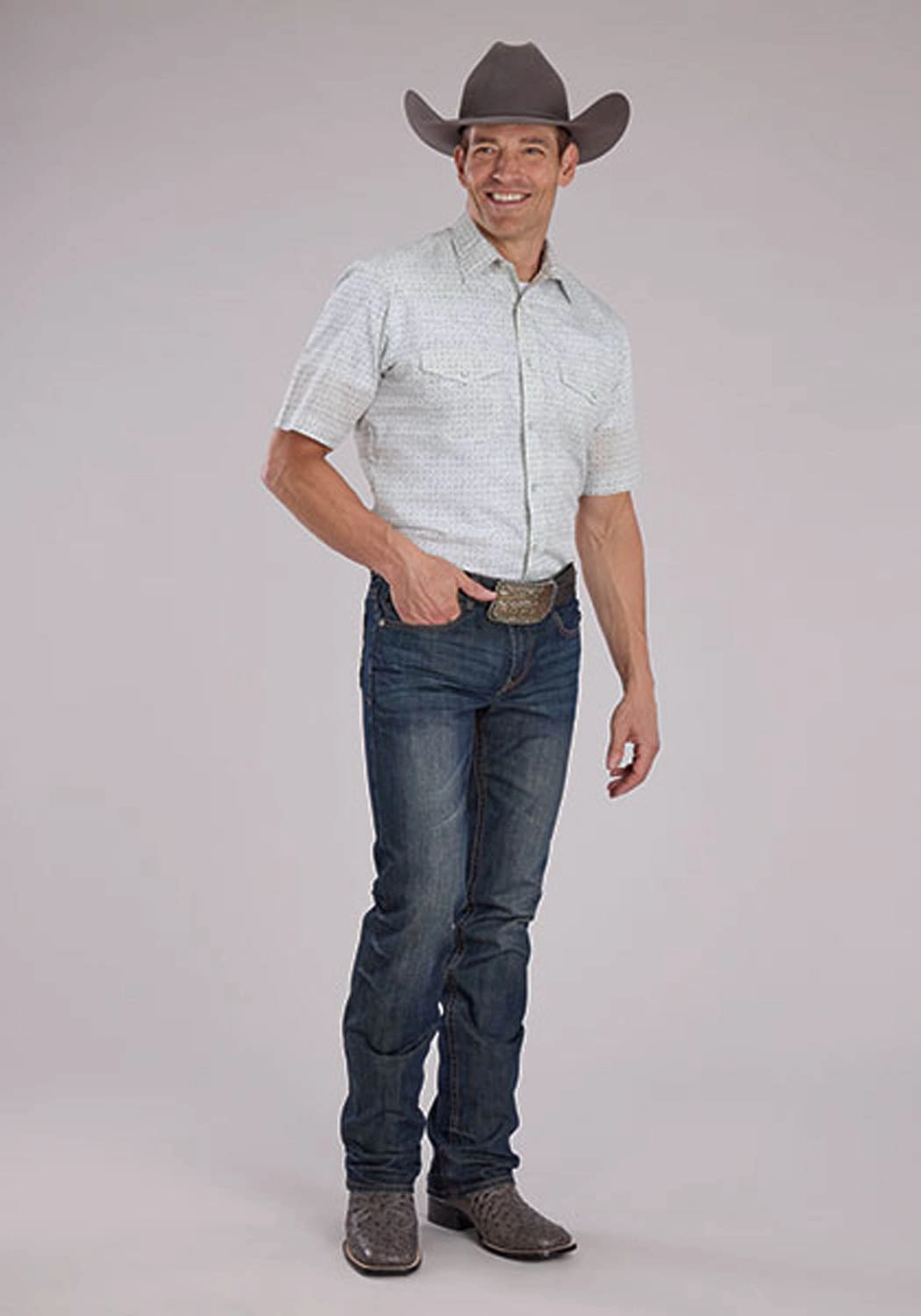 Conference Appropriate Anti Pilling Treatment Roper Mens 2481 Floral Print Grey/White Cotton Blend S/S Shirt