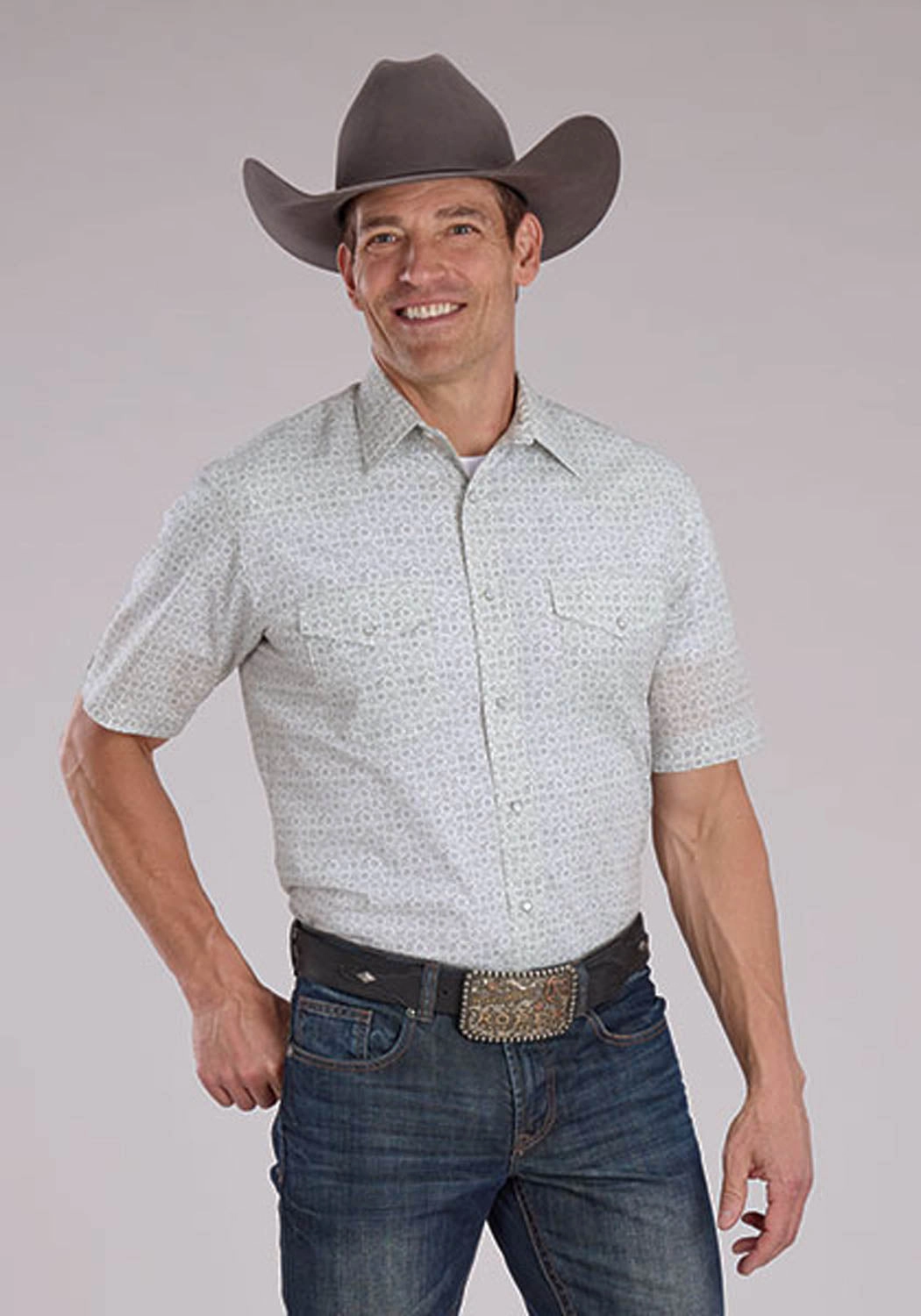 Roper Mens 2481 Floral Print Grey/White Cotton Blend S/S Shirt UV Protective Fabric