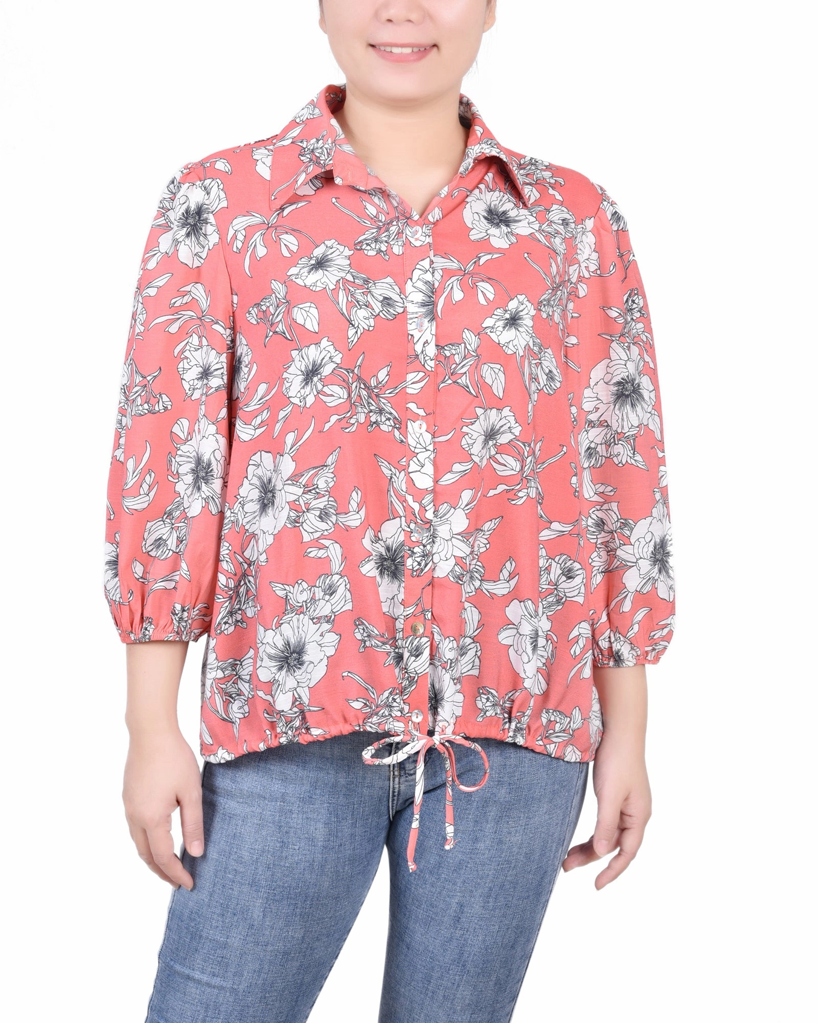 3/4 Sleeve Drawstring Blouse Bold Design