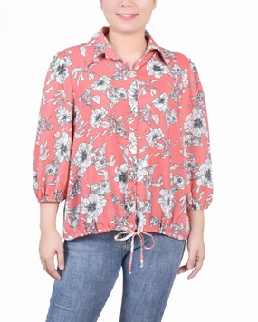 3/4 Sleeve Drawstring Blouse Reinforced Hem Stitching