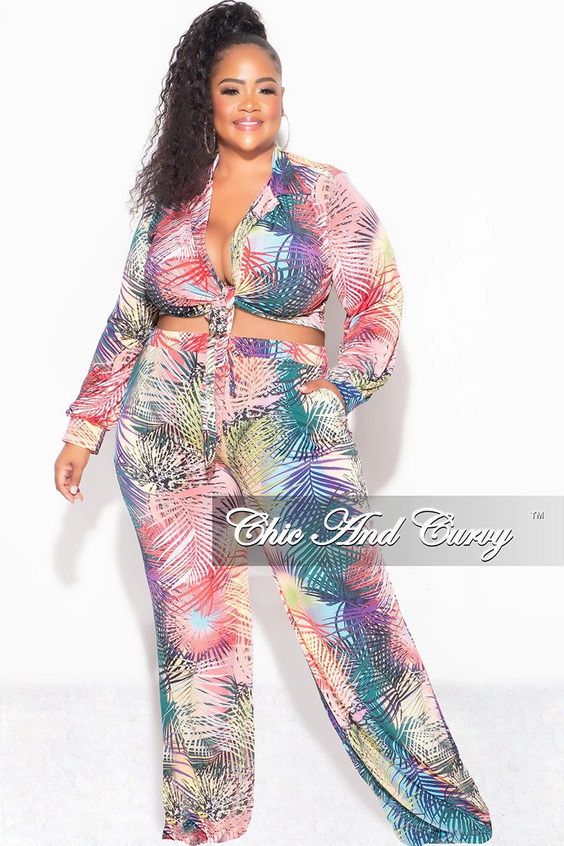 Quick Movement Wear Polished Look Final Sale Plus Size 2pc Set Tie Crop Top and Palazzo Pant Set in Multi-Color Palm Print