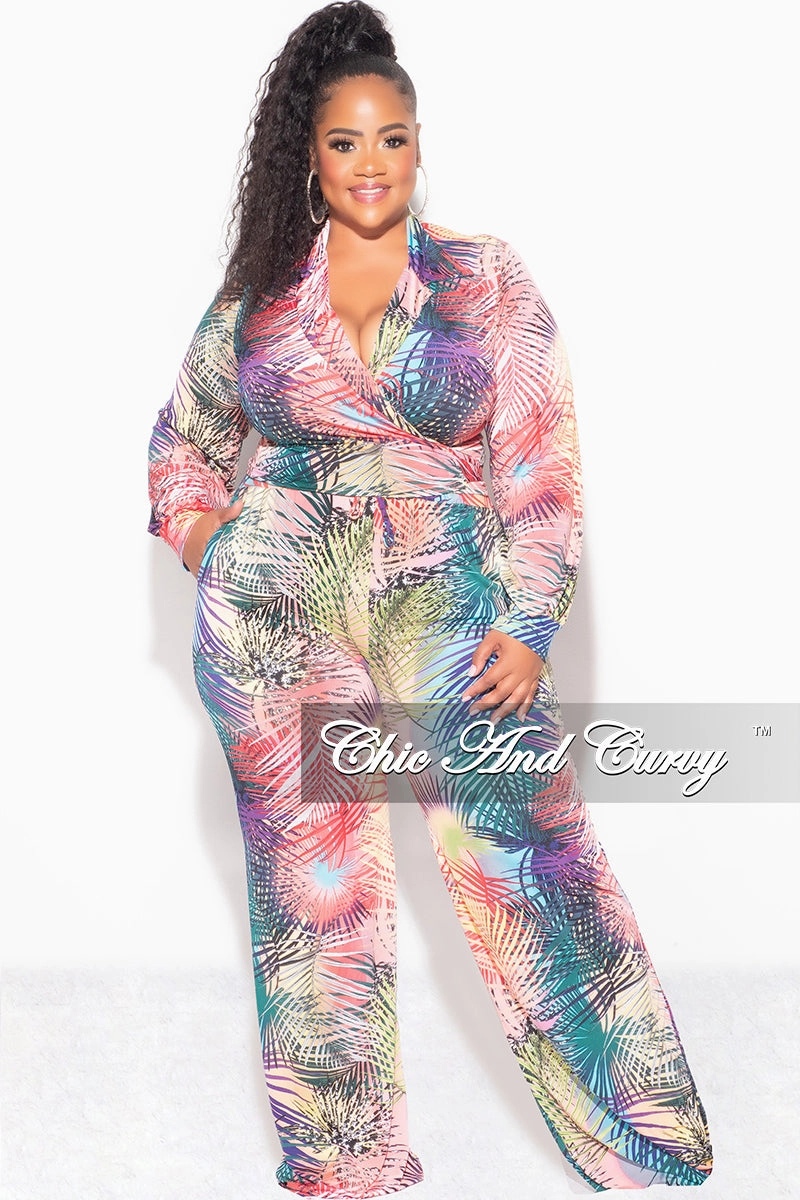 Final Sale Plus Size 2pc Set Tie Crop Top and Palazzo Pant Set in Multi-Color Palm Print Sporty Design