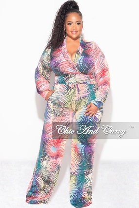 Final Sale Plus Size 2pc Set Tie Crop Top and Palazzo Pant Set in Multi-Color Palm Print Tight Waist Active Comfort