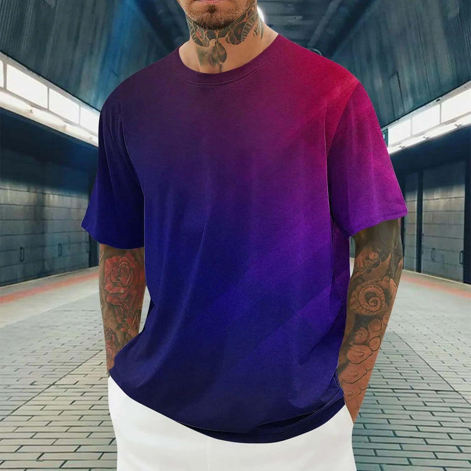 Generic Gradient T-Shirt for Men Oversized Short Sleeve Crew Neck Sports Shirts Summer Casual Plus Size Tees Loose Fit Tops