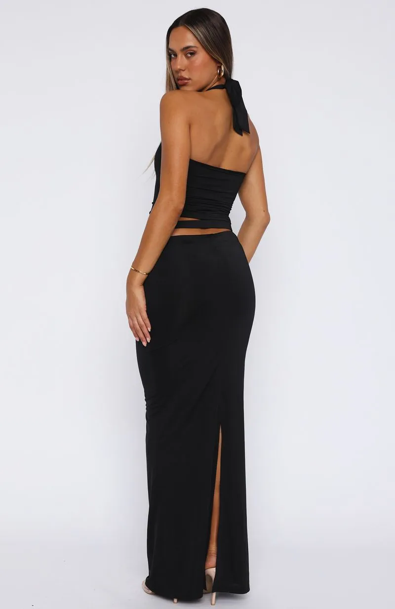 Diagonal Slit Ruching Details Broken Hearted Maxi Skirt Black