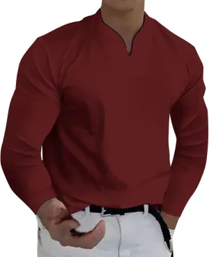 Gentleman's Business Shirts for Men Solid Color Muscle Long Sleeve V Neck Work T Shirt Gym Fitness Yoga Workout Tee