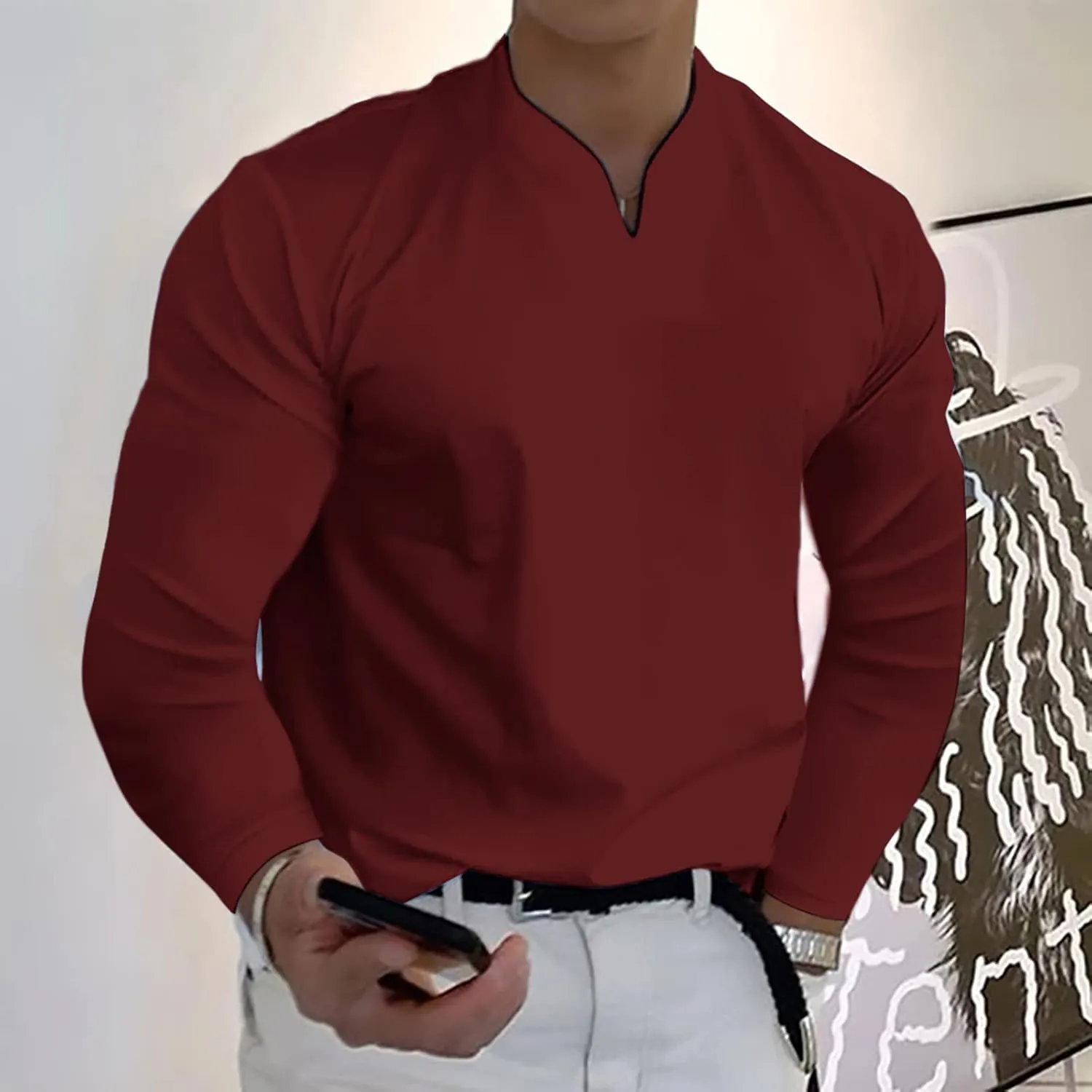 Gentleman's Business Shirts for Men Solid Color Muscle Long Sleeve V Neck Work T Shirt Gym Fitness Yoga Workout Tee
