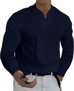 Gentleman's Business Shirts for Men Solid Color Muscle Long Sleeve V Neck Work T Shirt Gym Fitness Yoga Workout Tee