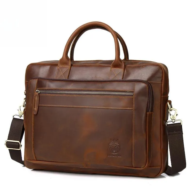Genuine Leather Briefcases Hard For Men Vintage Crazy Horse Leather Laptop Briefcase Bags