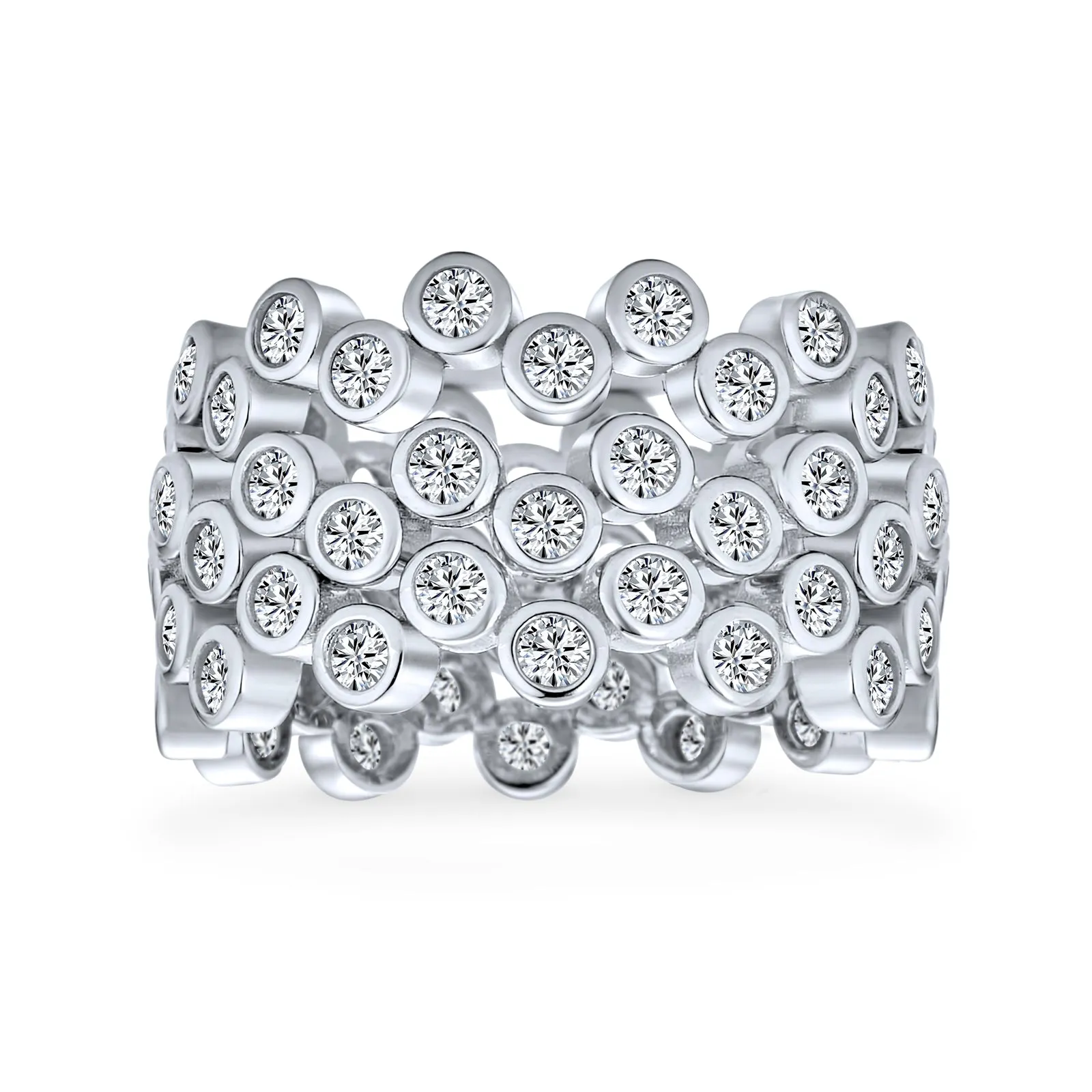 Geometric Circle Cocktail Statement Ring with CZ in Sterling Silver Stackable Band