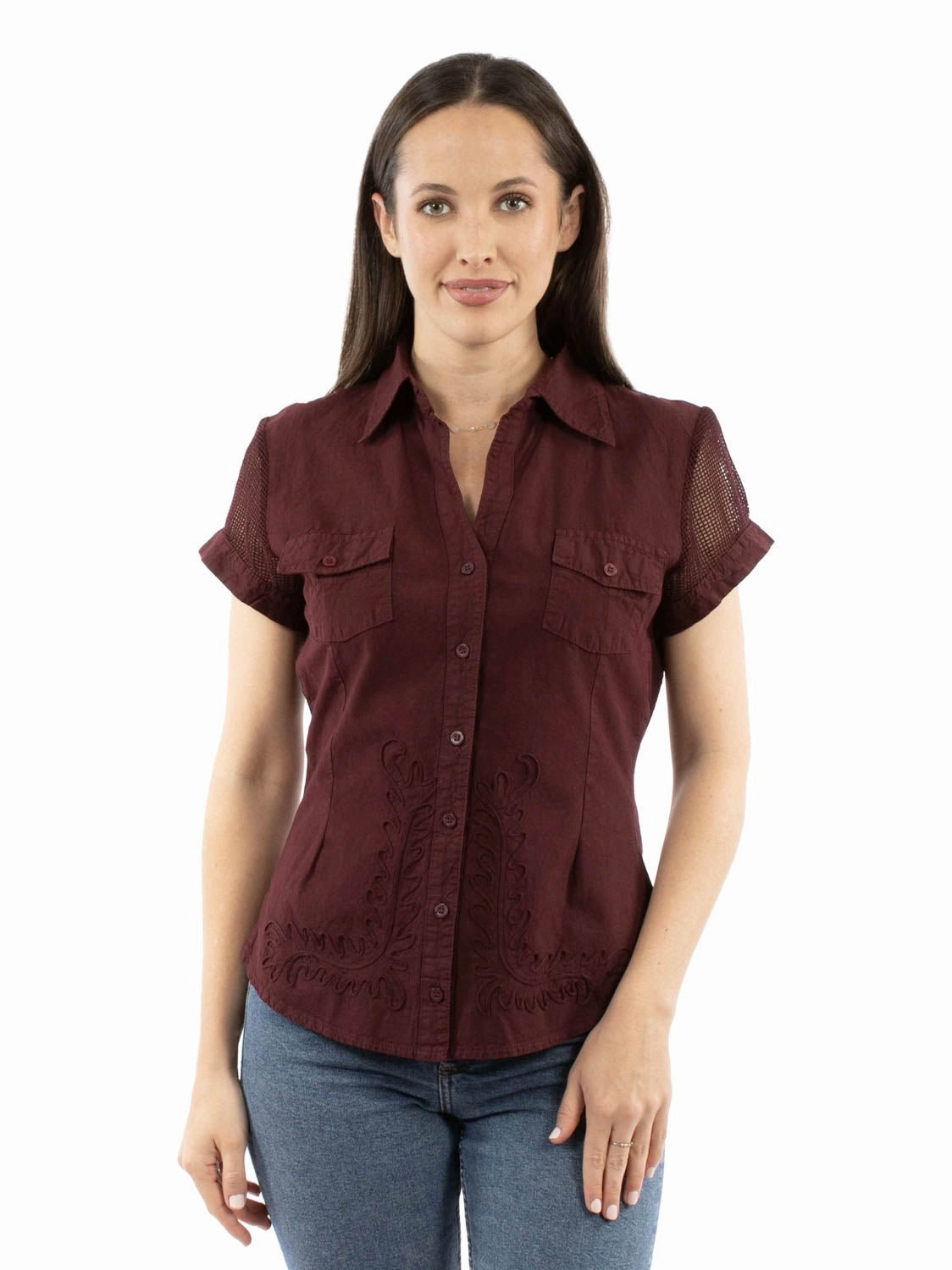 Short Sleeve Scully Womens Mesh Cantina Burgundy 100% Cotton S/S Shirt