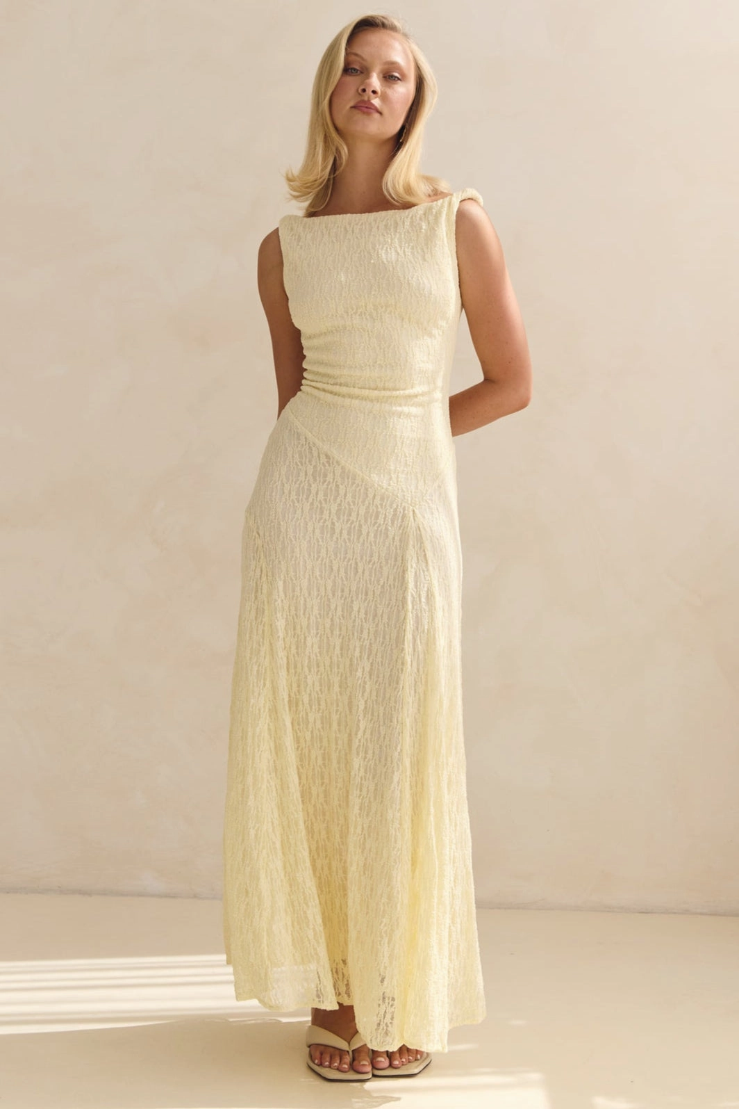 Textured Layers Side-Slit Gianna Lace Maxi Dress (Butter)