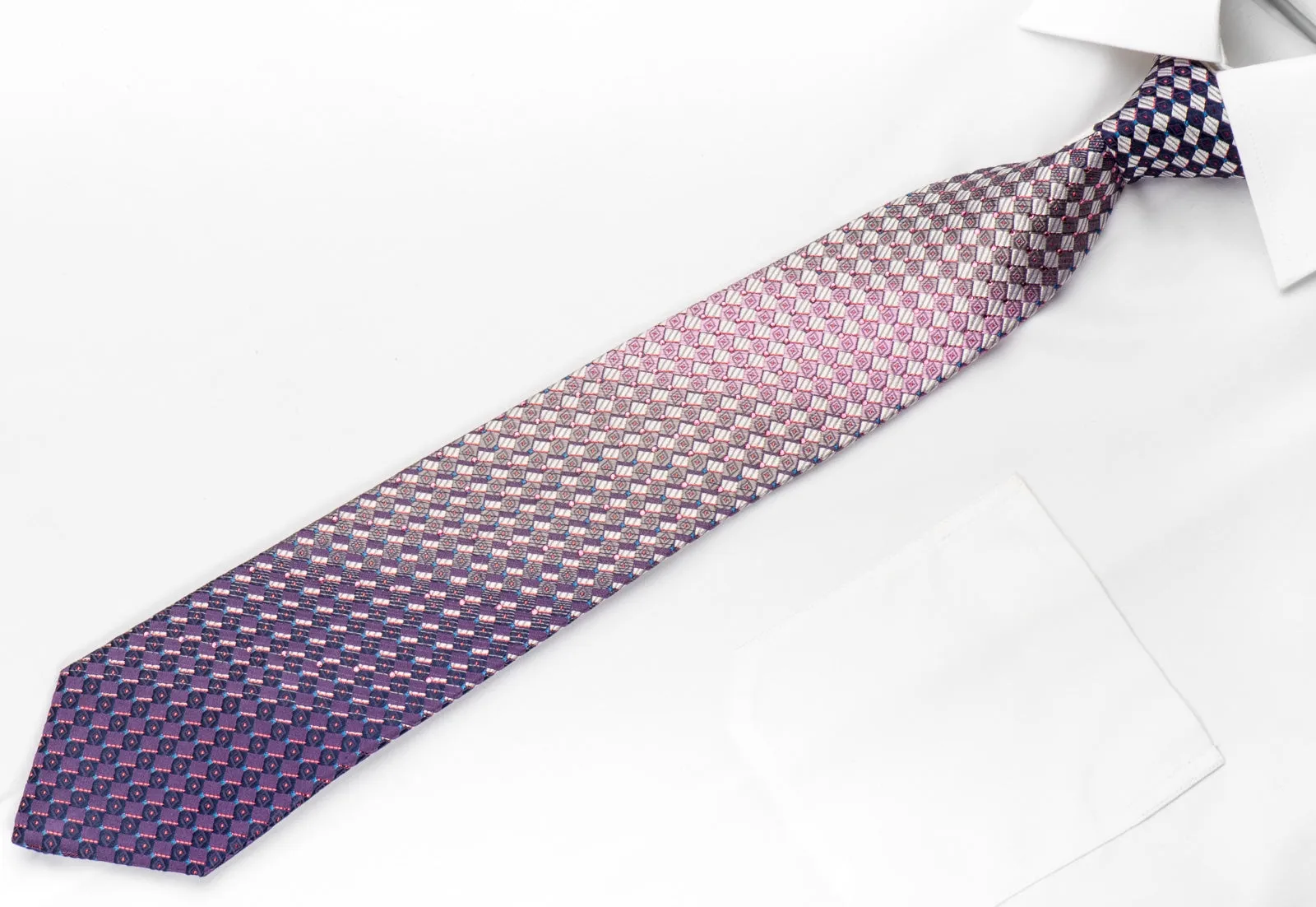 Giorgio Ferri Men's Silk Rhinestone Necktie Silver Purple Checkered With Purple Sparkles