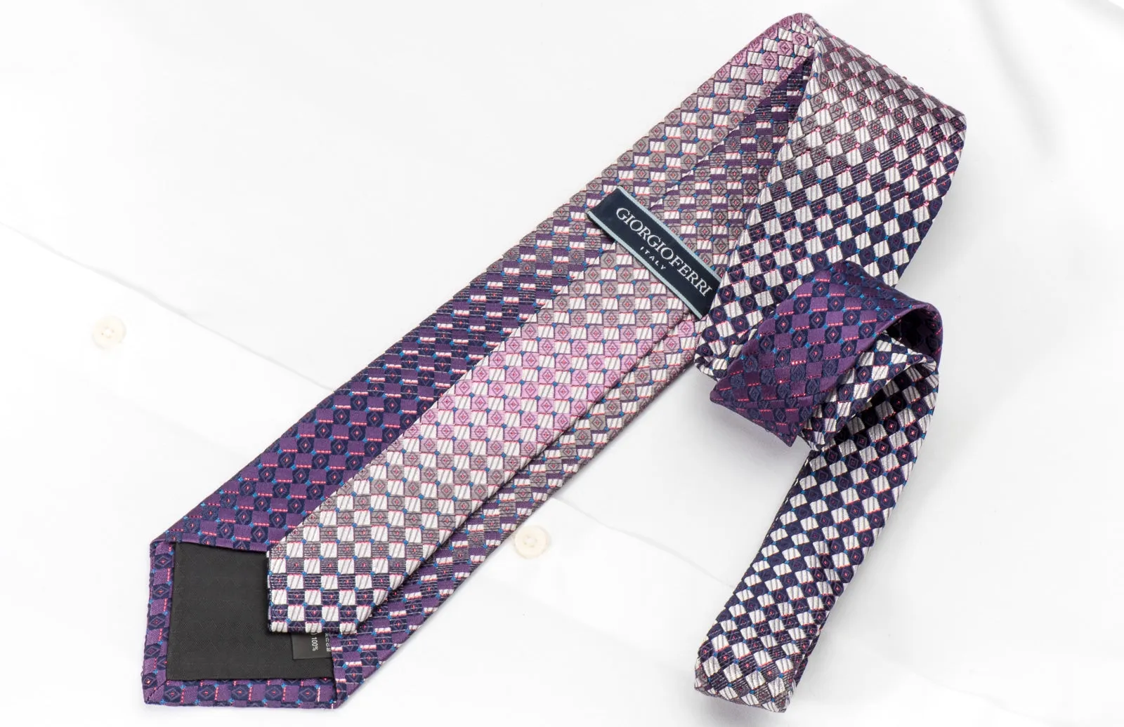Giorgio Ferri Men's Silk Rhinestone Necktie Silver Purple Checkered With Purple Sparkles