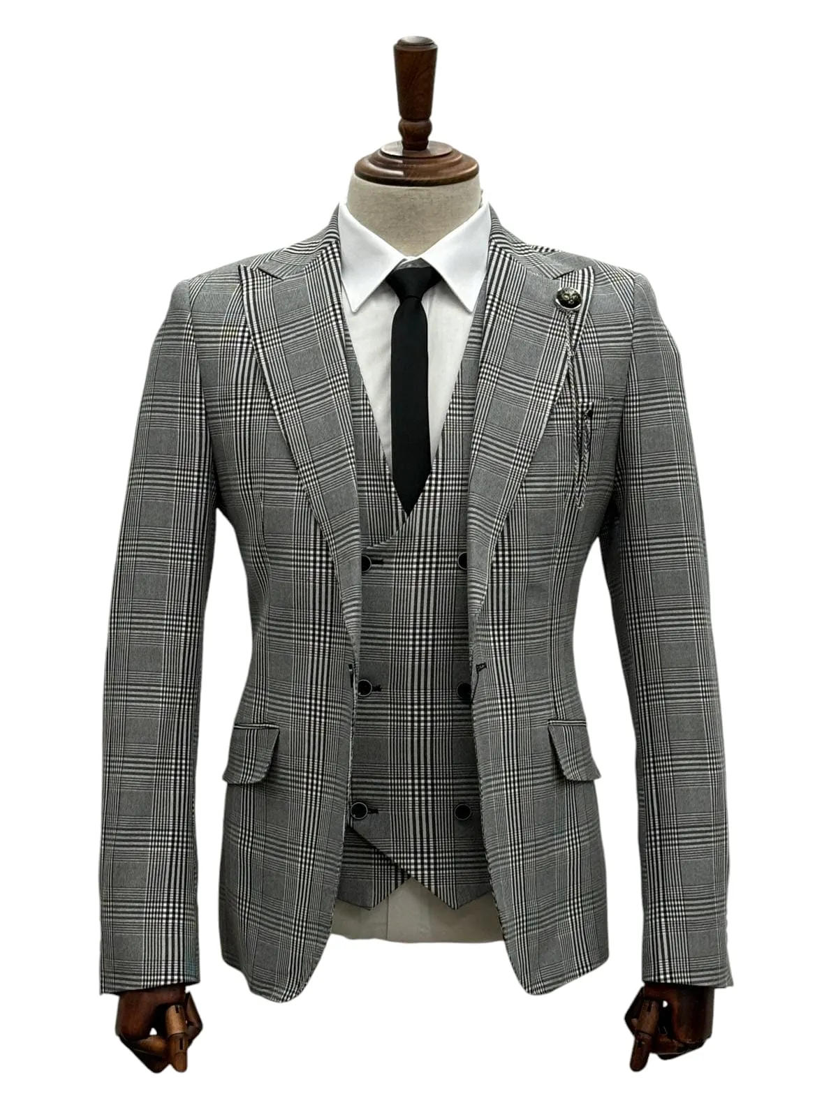 Giovanni Testi 1 Button Peak Lapel 3 Piece Slim Fit Glen Plaid Suit GT1P V-1251 BLK/WHITE PLAID