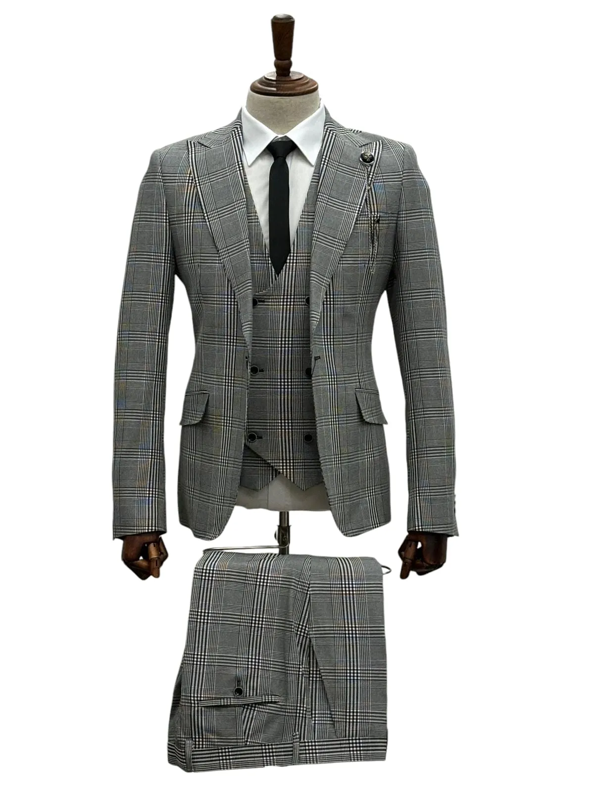 Giovanni Testi 1 Button Peak Lapel 3 Piece Slim Fit Glen Plaid Suit GT1P V-1251 BLK/WHITE PLAID