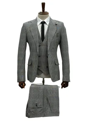 Giovanni Testi 1 Button Peak Lapel 3 Piece Slim Fit Glen Plaid Suit GT1P V-1251 BLK/WHITE PLAID